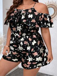 SHEIN CURVE+ Plus Size Women Floral Print Ruffle Off Shoulder Casual Jumpsuit - Multicolor - View 1