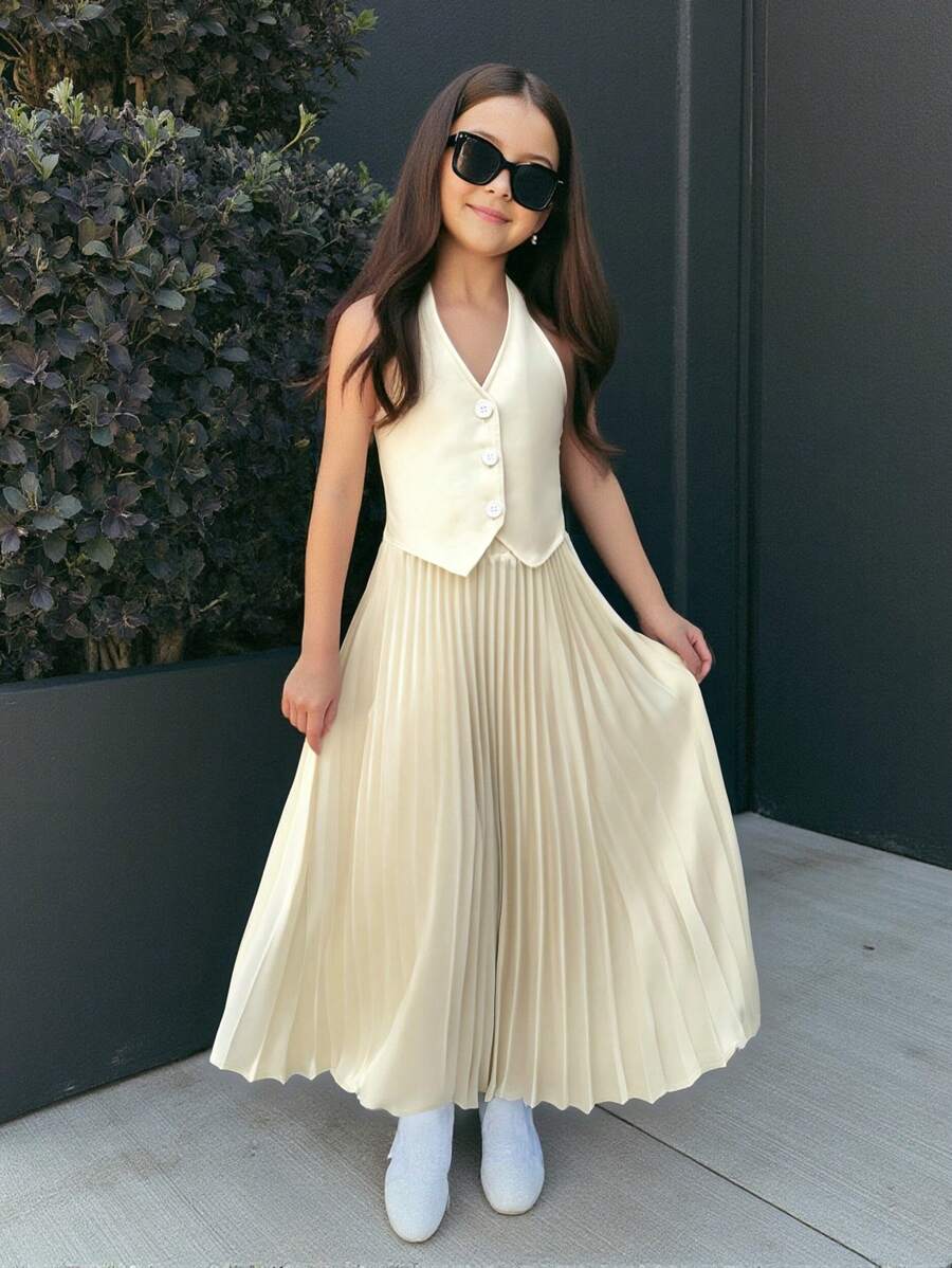 SHEIN Nova Glow 少女休闲时尚纯色吊带上衣和百褶长裙套装 - 杏色 - 查看 1