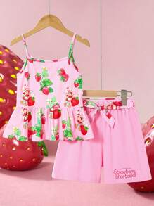 Strawberry Shortcake X SHEIN Tween Girl Sweet Pink Strawberry Print Camisole Ruffle Top & Shorts Summer 2 Pieces Set - Pink - View 1
