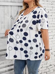 SHEIN CURVE+ Plus Size Women's Summer Polka Dot Printed Round Neck Short Sleeved Shirt - Multicolor - View 7