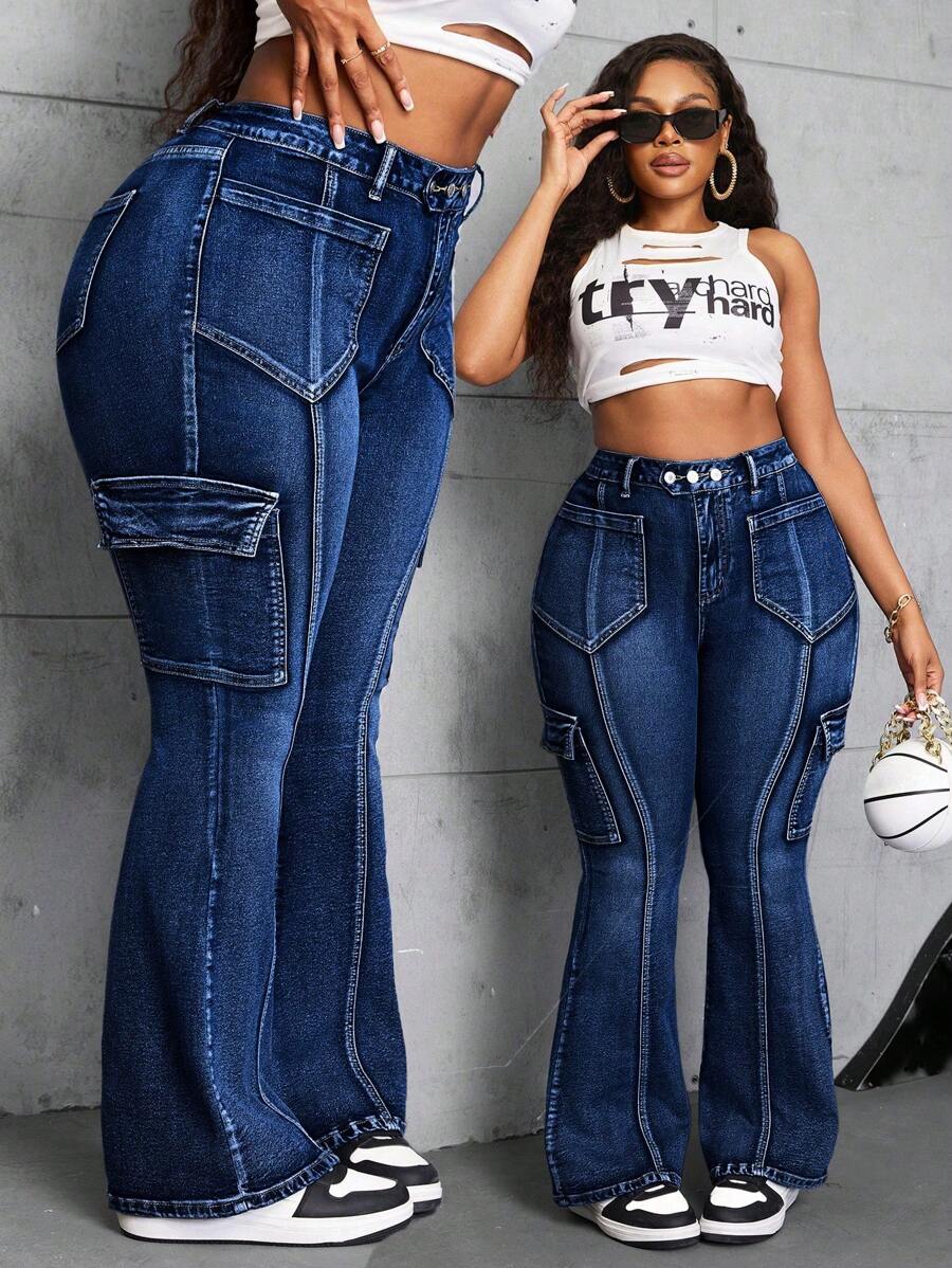 SHEIN SXY 大码女式重度洗水牛仔裤，弹力喇叭牛仔裤，女式夏季夏季女性节日 - 深色水洗藍 - 查看 1