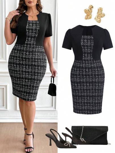 Ellevyn Vestido ajustado 2 en 1 de mujer elegante talla grande con patchwork de cuadros