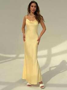 Aloruh Women's Backless Floral Decor Elegant Satin Dress,Butter Yellow,Rave Outfits Festival - Yellow - View 2