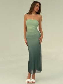 Aloruh Fitted Gradient Mesh Floral Print Strapless Dress,Rave Outfits Festival - Green - View 5