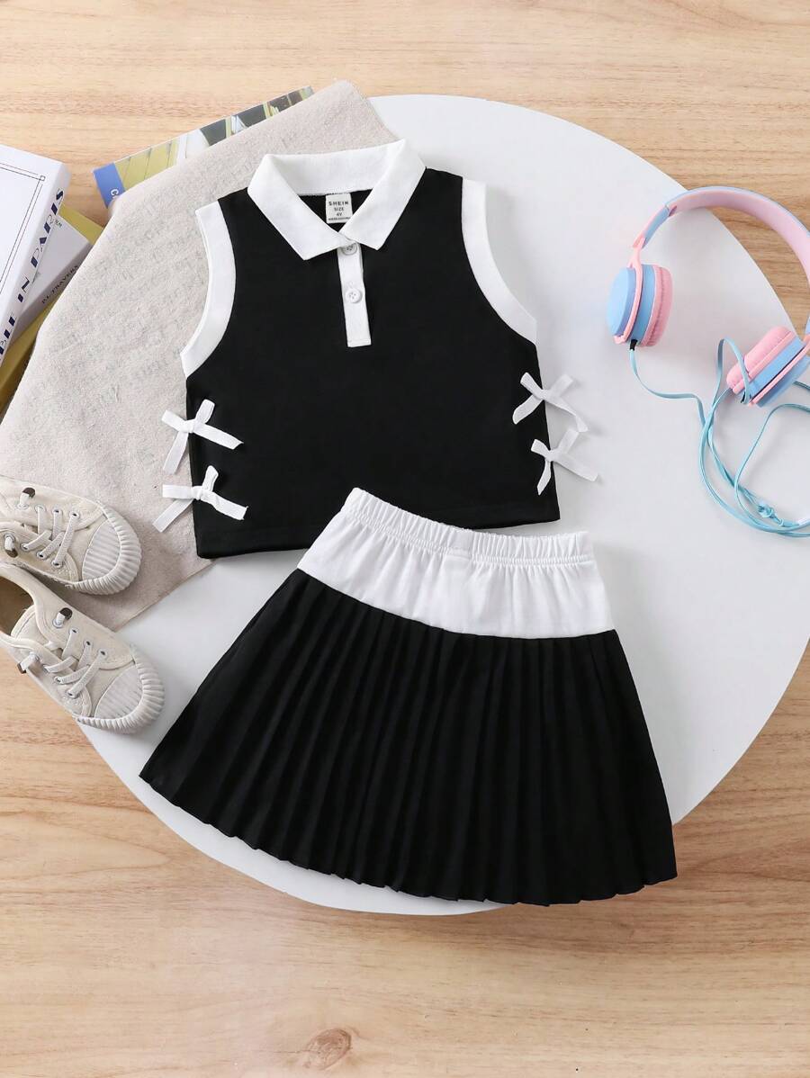 2pcs Young Girl Set - Contrast Color Patchwork Bow Decor Vest And Pleated Mini Skirt - Black and White - View 1