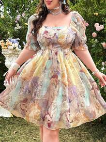 Lyrianda 大码浪漫方领花卉印花荷叶边下摆雪纺连衣裙