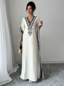 Rafferiza 女士优雅深 V 领印花落肩短袖宽松长裙