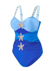 Swim Oasis 加大码连体泳衣，渐变蓝至海军蓝海星金属装饰，简约优雅的女士海滩装，夏季 - 彩色 - 查看 4