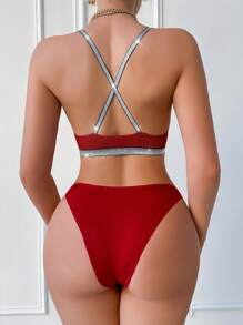 Conjunto de lencería para mujer con camiseta y pantalón, diseño minimalista, apto para el verano - Rojo - Ver 2