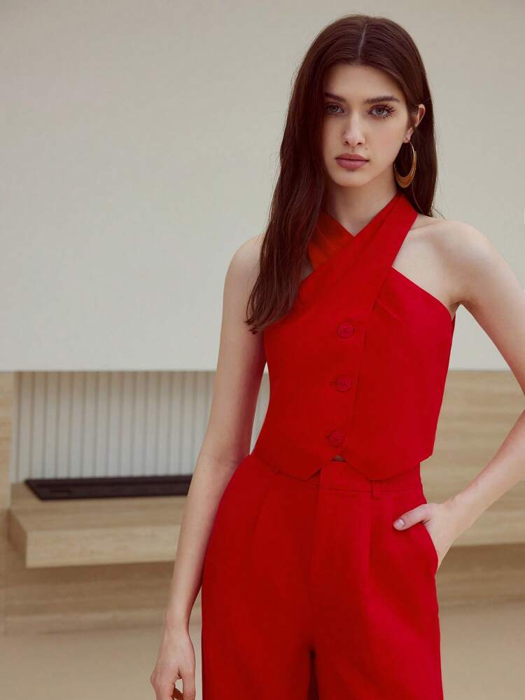 MOTF STUDIO LINEN BUTTON UP HALTER TOP
