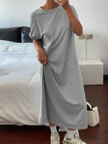 Livesso Summer New Loose Casual Solid Color Round Neck T-Shirt Style Women Mid-Length Dress Sundress - Grey - View 2