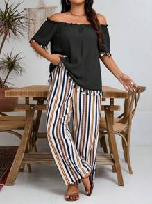 Plus Size Women Solid Color Off Shoulder Ruffle Short Sleeve Tassel Design Shirt And Striped Pants Casual 2 Pieces Set