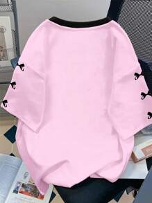 SHEIN Girlism Teen Girl Loose Fit Casual V-Neck Short Sleeve T-Shirt With Ballet Inspired Letter Print, Suitable For Summer