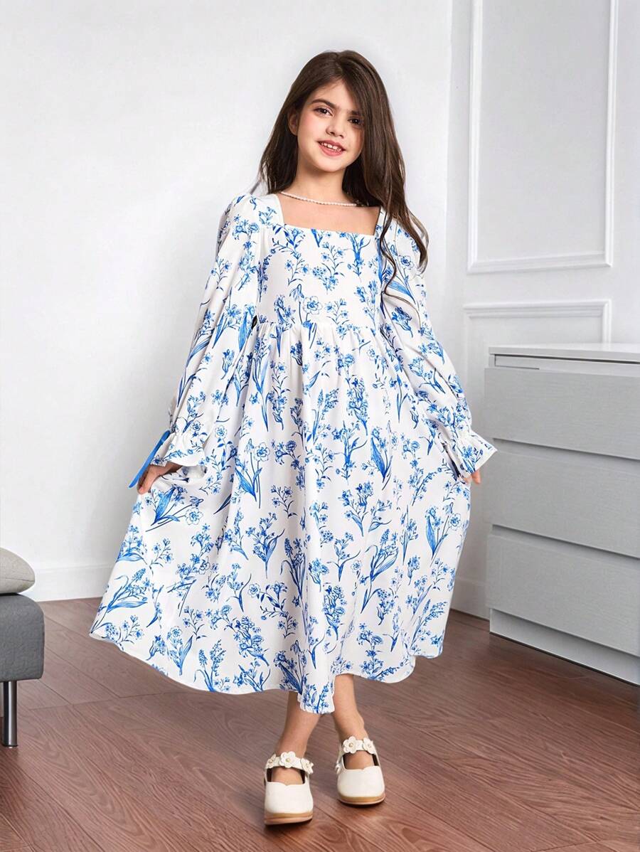 SHEIN Tween Girl Floral Printed Pattern Long Sleeve Dress - Blue - View 1