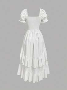 SHEIN MOD 白色泡泡袖蝴蝶结抽绳开衩下摆连衣裙 - 白色 - 查看 2