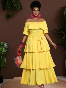 Slaydiva Plus Size Women 2025 New  Butter Yellow Arrival Casual Daily Beach Off Shoulder Layered Ruffle Belted Dress, Suitable For Spring/Summer - Yellow - View 1