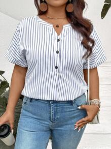 SHEIN LUNE Plus Size Women's Blue And White Striped Half-Open Collar Shirt,Minimalist Fashionable Smart Casual Office Top,Summer Western Wear Easter Spring - Multicolor - View 6