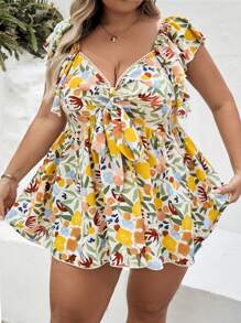 SHEIN CURVE+ 大码女式节日彩色印花面料蝙蝠袖蝴蝶结前 A 字衬衫，休闲浪漫夏日度假衬衫