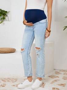 SHEIN Adjustable Waist Maternity Distressed Casual Versatile Jeans - Light Wash - View 6