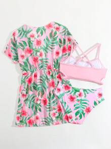 Tween Girl Tropical Print 3-Piece Bikini Swimsuit Set,Pink Summer Boho Beach Holiday Resort Clothes For Young Girls Sizes 11,12,14y Outfits - Baby Pink - View 2