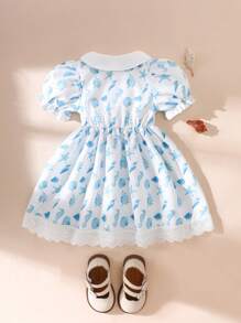 SHEIN Vestido de playa con cuello con volantes y mangas abullonadas, lindo y de moda para niña bebé, primavera/verano - Azul - Ver 8