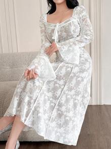 DAZY Sukienka imprezowa damska na wiosnę i lato, koronkowa, średniej długości, elegancka, sukienka Milkmaid, falbanka, jesień, zima - Biały - Zobacz 6