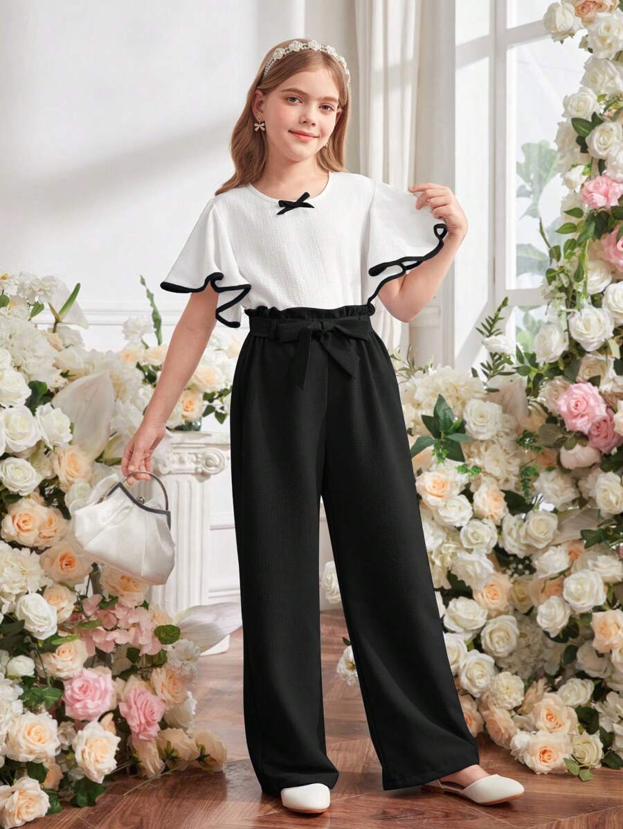 SHEIN Girls Lace Splice Sleeve Bow Textured Bubble Fabric Straight Pants 2pcs Set, Commuter Outfit - Black - View 1