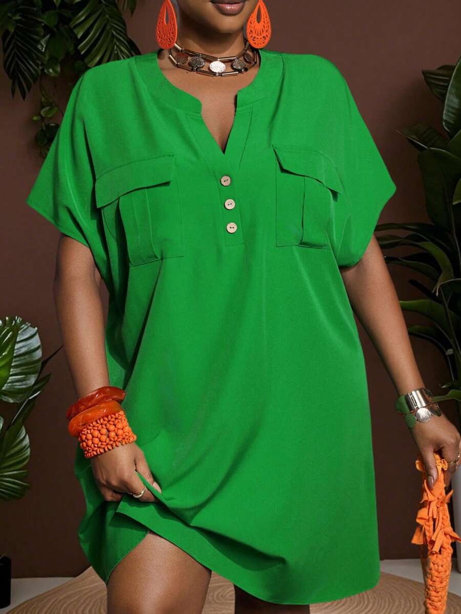 Slaydiva 2025 New Elegant Casual/Business Casual Women Shirt Dress With Pockets, V-Neck Loose Short Sleeve Mini Relaxed Dress - A