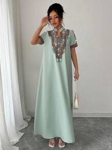 Rafferiza 女式撞色刺绣立领水钻装饰宽松长裙 - 綠色 - 查看 8