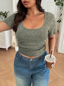 SHEIN EZwear Plus Size Distressed Ribbed Ruched Waist Short Sleeve T-Shirt - Army Green - View 1
