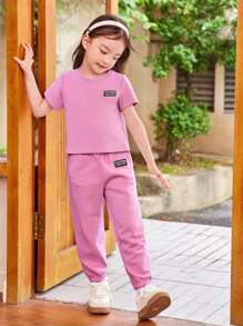 SHEIN 2pcs Young Girl Young Girl Set, Printed T-Shirt + Long Pants - Pink - View 4