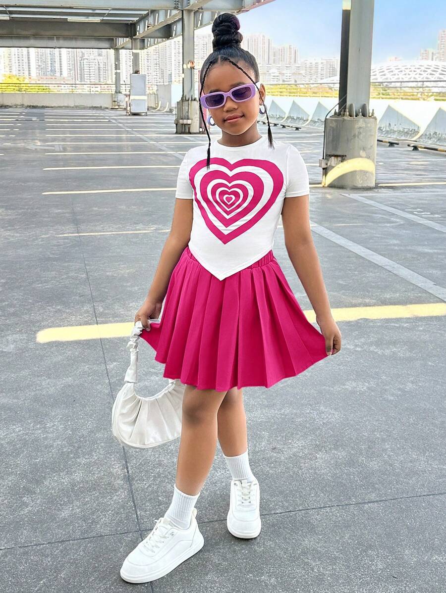 2pcs/Set Tween Girl Heart Print Short Sleeve Top And Pleated Hem Skirt, Casual Outfit