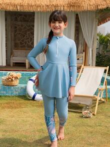 可爱少女椰子树印花分体泳衣套装