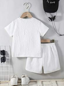 SHEIN Genkimix Kids 3pcs/Set Young Boy Letter Knitted Jacquard Casual Short Sleeve T-Shirt, Shorts And Bag Set, Suitable For Daily Casual Outing, Spring/Summer Summer Holiday - White - View 2