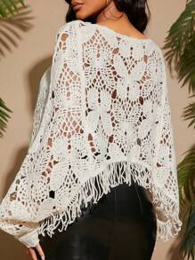 SHEIN SXY Oversized Round Neck Patchwork Openwork Crocheted Curved Hem Fringed Loose Pullover Sweater Top