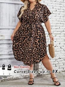 SHEIN CURVE+ Plus Size Women Leopard Print Short Sleeve Mini Dress - Multicolor - View 4