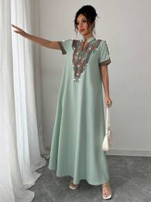 Rafferiza 女式撞色刺绣立领水钻装饰宽松长裙 - 綠色 - 查看 7