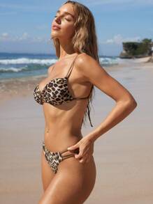 SHEIN Swim Bộ 2 món bikini nữ sexy họa tiết da báo, mẫu mới mùa hè, trang trí kim loại, dây rút, thiết kế rỗng - màu nâu - Xem 5