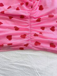 SHEIN WYWH Plus Size Women Heart Print Mesh Ruffle Hem Pink Cami Mini Dress, Suitable For Inner Or Outer Wear - Multicolor - View 6