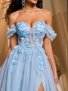 Glamrae Elegant Light Blue Off-Shoulder Waist Mesh See-Through Gorgeous Sequin 3D Floral Applique Extra-Wide A-Line Dress With Adjustable Side Ties, Formal Evening Gown, Party Dress, Wedding Guest Dress, For Valentine's Day - Baby Blue - View 2