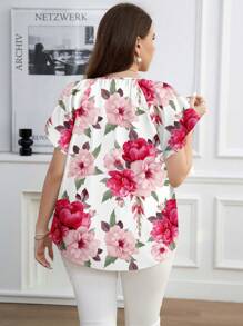 Reflora Áo cánh tay ngắn cổ tròn dáng rộng in họa tiết hoa hồng cỡ lớn, phù hợp cho mùa thu/đông - Màu Hồng Tươi - Xem 2