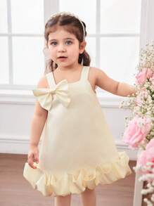 Elegant Apricot Satin Bow Cami Dress For Toddler Girls, Summer - Champagne - View 4