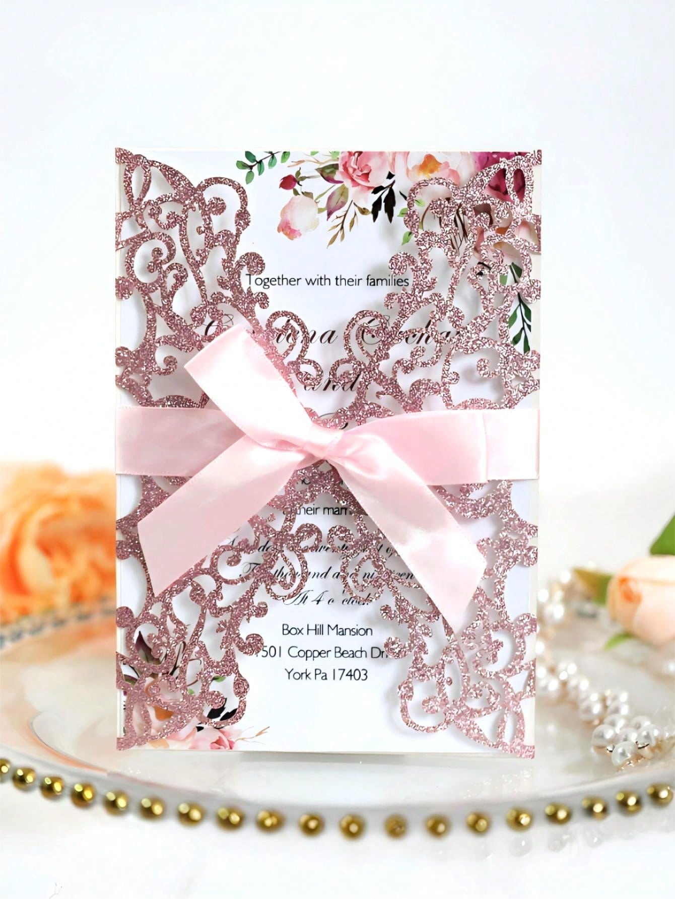 20 pieces of wedding invitation cards engraved with transparent gold flower design with envelopes and reply cards, and ready ribbo...