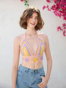 Skyraze 女士露背吊带系带撞色针织上衣 - 粉色 - 查看 1