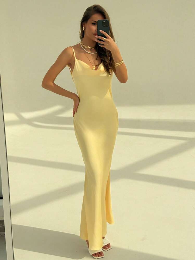 Aloruh Vestido de Cetim Elegante com Decoração Floral e Costas Abertas para Mulheres - Amarelo - Visão 7