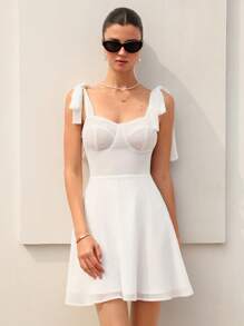 Aveloria Rosie French Sweet & Delicate Fairy Chiffon Ruffle Bowknot Sleeveless Waisted Slim Mini Dress For Women, Pure White   Old Money Style For Summer