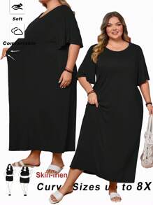 SHEIN CURVE+ Váy cỡ lớn màu tím siêu mềm và co giãn, dễ phối đồ, đa năng, phù hợp cho mùa hè, kỳ nghỉ ở bãi biển và khu nghỉ dưỡng Trang phục đi biển dành cho phụ nữ/Váy đi biển/Trang phục đi nghỉ ở bãi biển/Đồ dùng cần thiết đi biển/Váy tốt nghiệp/Váy tiệc trà - màu đen - Xem 1