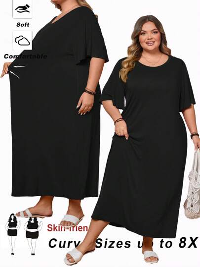 SHEIN CURVE+ Lila, ultramjuk och stretchig klänning i plusstorlek, avslappnad, mångsidig, lämplig för sommar, strand och resortsemester. Strandkläder för kvinnor/Strandklänning/Strandsemesterkläder/Strandessentials/Examen/Tebjudningsklänning.