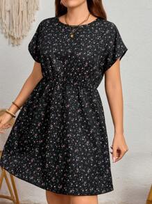 Plus Size Women's Summer New Black Ditsy Floral Casual Round Neck Cinched Waist Dress, Mommy And Me Matching Outfits (2 Pieces Sold Separately) - Multicolor - View 5