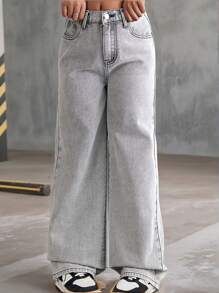 Girls' New Grey Denim Loose Non-Elastic Comfortable Straight Wide-Leg Trousers - Grey - View 6